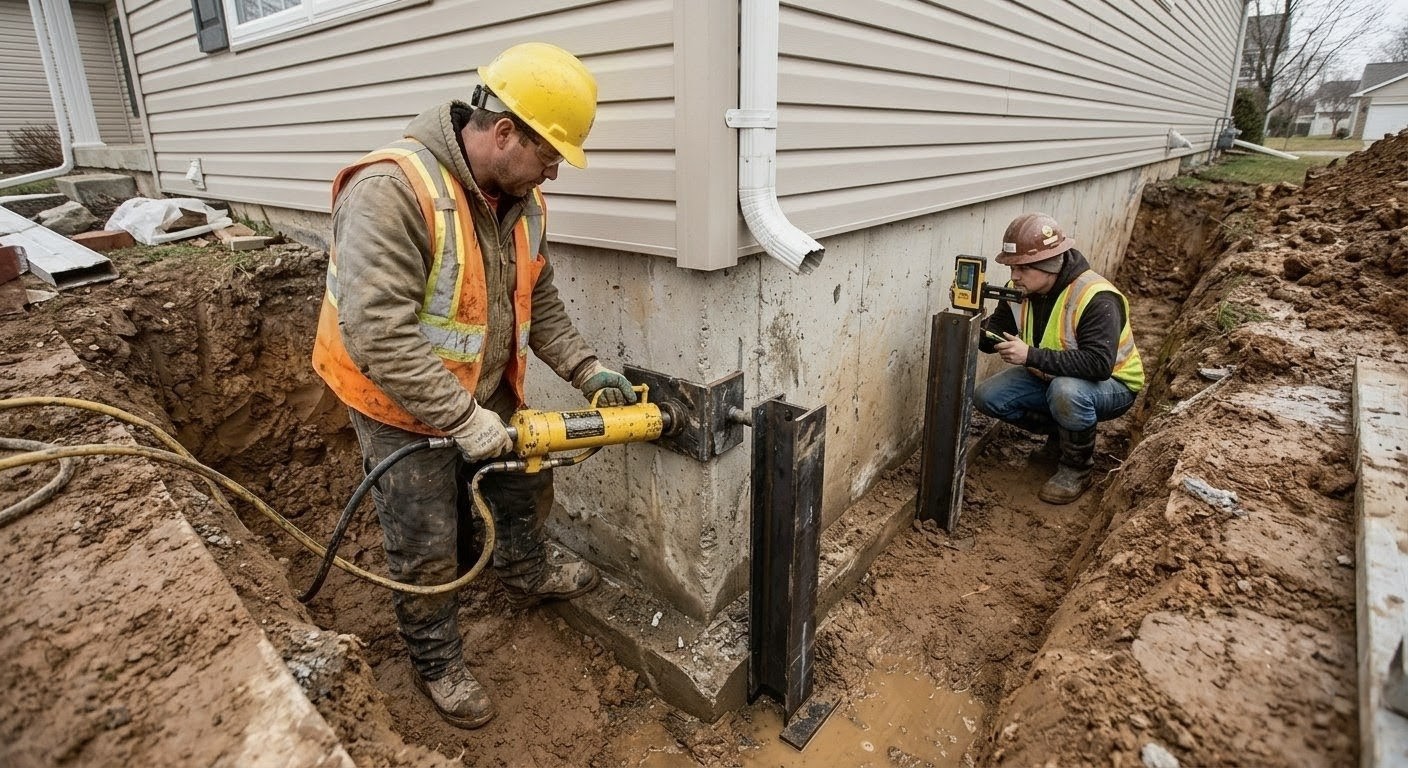Foundation repair crew installing steel push piers along residential foundation